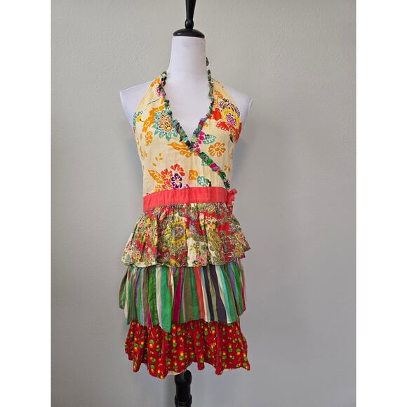 Boho Y2K Multi Print Halter Apron Top Ruffle Layered Festival Size L Hippie - Picture 1 of 6